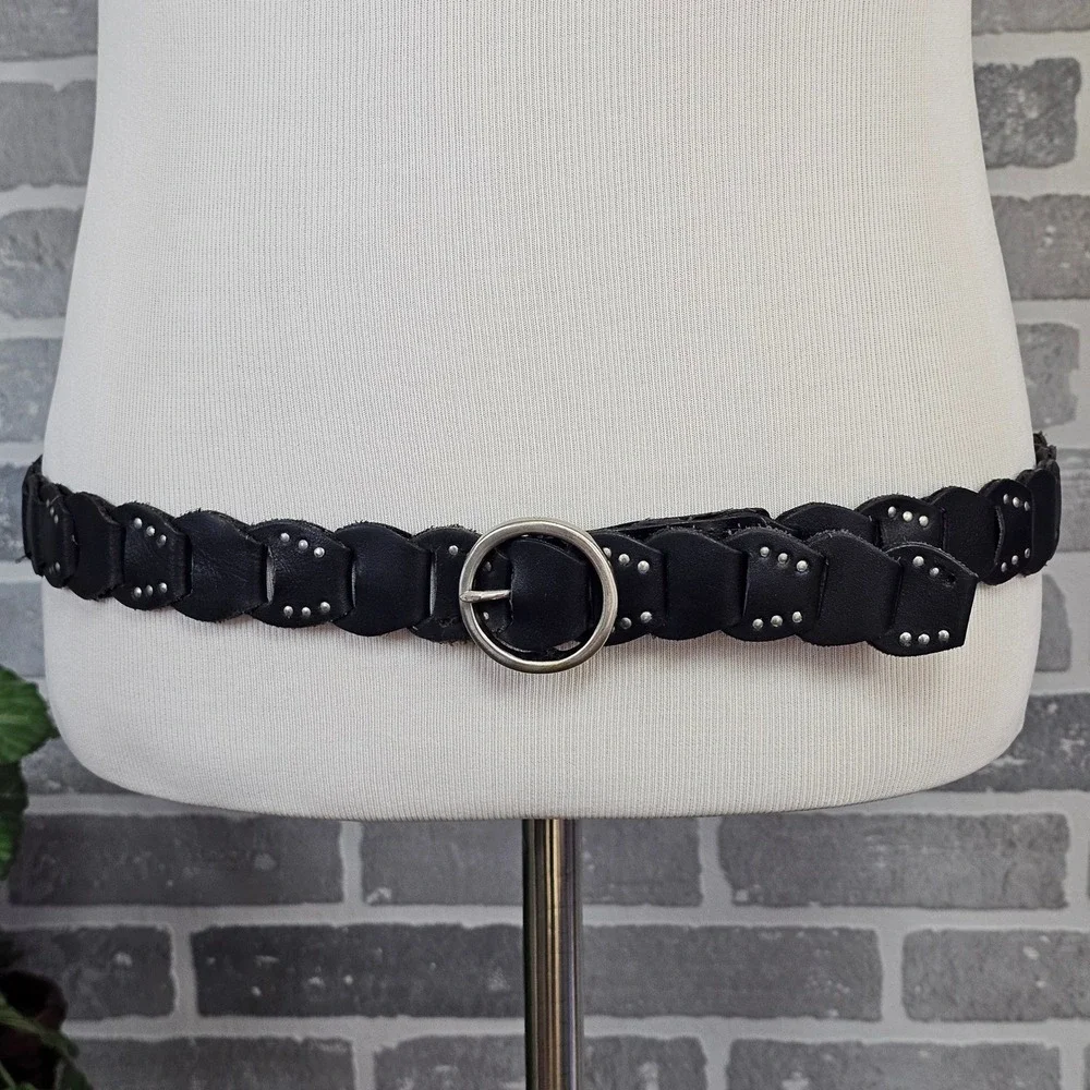Leather Belt‎ Braided Studded Round Buckle Genuine Leather Black Women 44